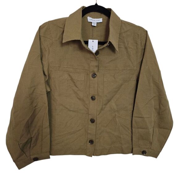 NWT Amour Vert Size XS Genevieve Cotton Linen Blend Jacket in Elm Green - Picture 2 of 5